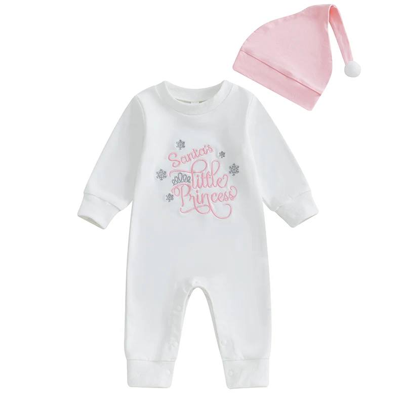 Baby Girls Christmas Jumpsuit Long Sleeve O Neck Letter Embroidery Rompers with Hat