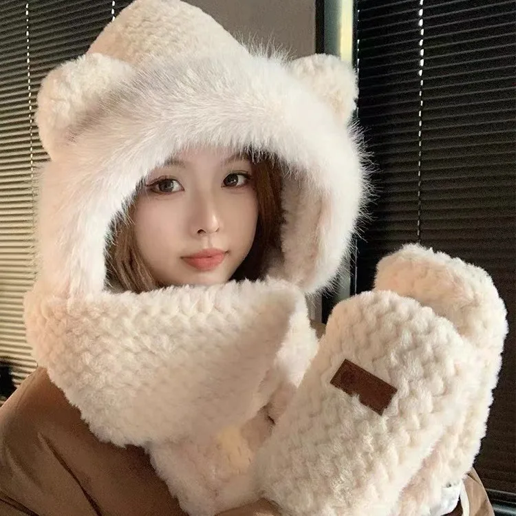 Satu Set boneka wanita imut, topi, sarung tangan, syal, tiga potong untuk wanita, topi hangat dan serbaguna, grosir musim gugur dan musim dingin