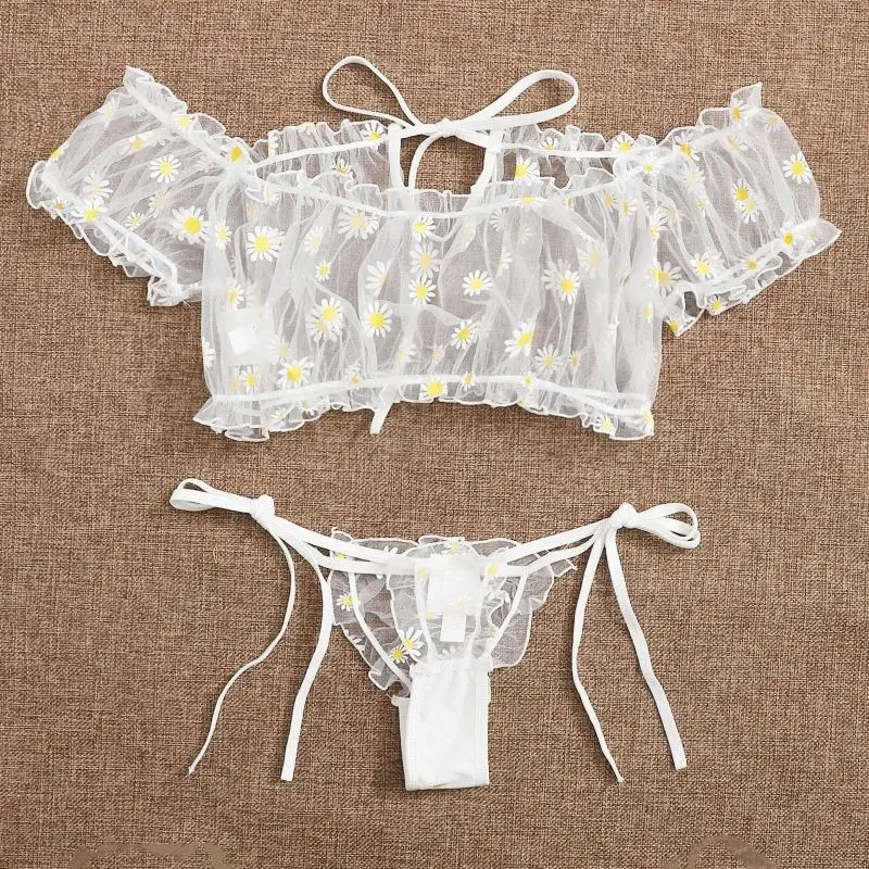 Sexy Lingerie Flowers Embroidery Lace Bra Panties Underwear Women Set Transparent Mesh Erotic Lingerie Sexy Sleepwear Plus Size