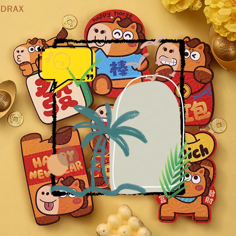 

6 шт. 2026 год лошади красный конверт Новый год свадьба детский подарок мультфильм пони узор счастливые конверты для денег красные пакеты