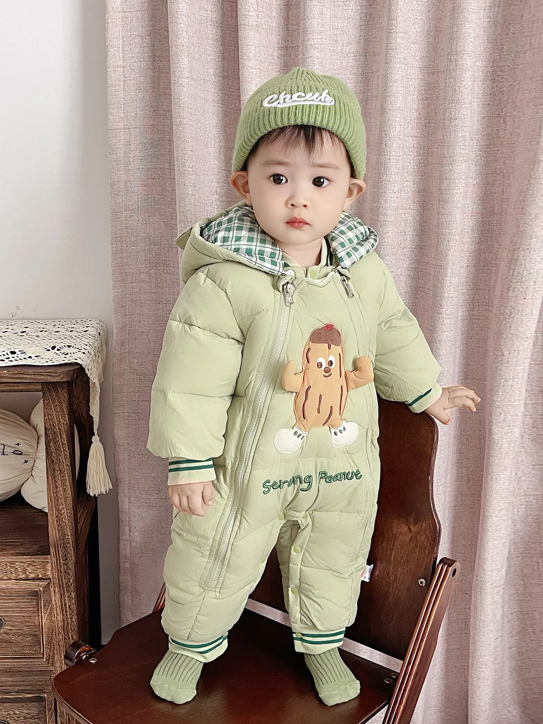 

Thiened Cotton Rer Suit for Baby Girls Warm Winter Clothes Cute Cartoon Print Hooded Zipper Closure Long Sve Dr