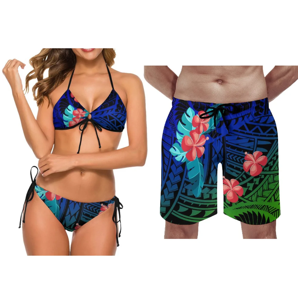 

Beach Shorts Set Elegant Couple Swimsuit Polynesian Custom Printed Unique Summer Bikini Retro Ethnic Custom Couple Bikini Set