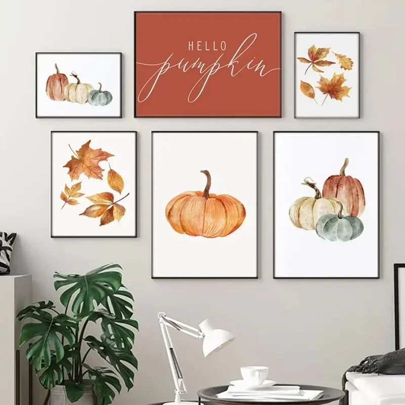 Pintura en lienzo con refranes de otoño y otoño, imágenes de pared con frase de calabaza de Hello, impresión artística de dibujos animados para niños, póster de Halloween, decoración del hogar