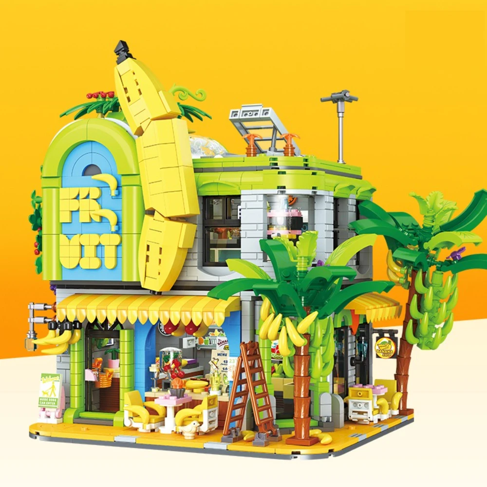 

MOC Banana Shop Fruit Tree Store Building Blocks Set Orchard Beach House Architectural Supermarket Toys Children Birthday Gifts
