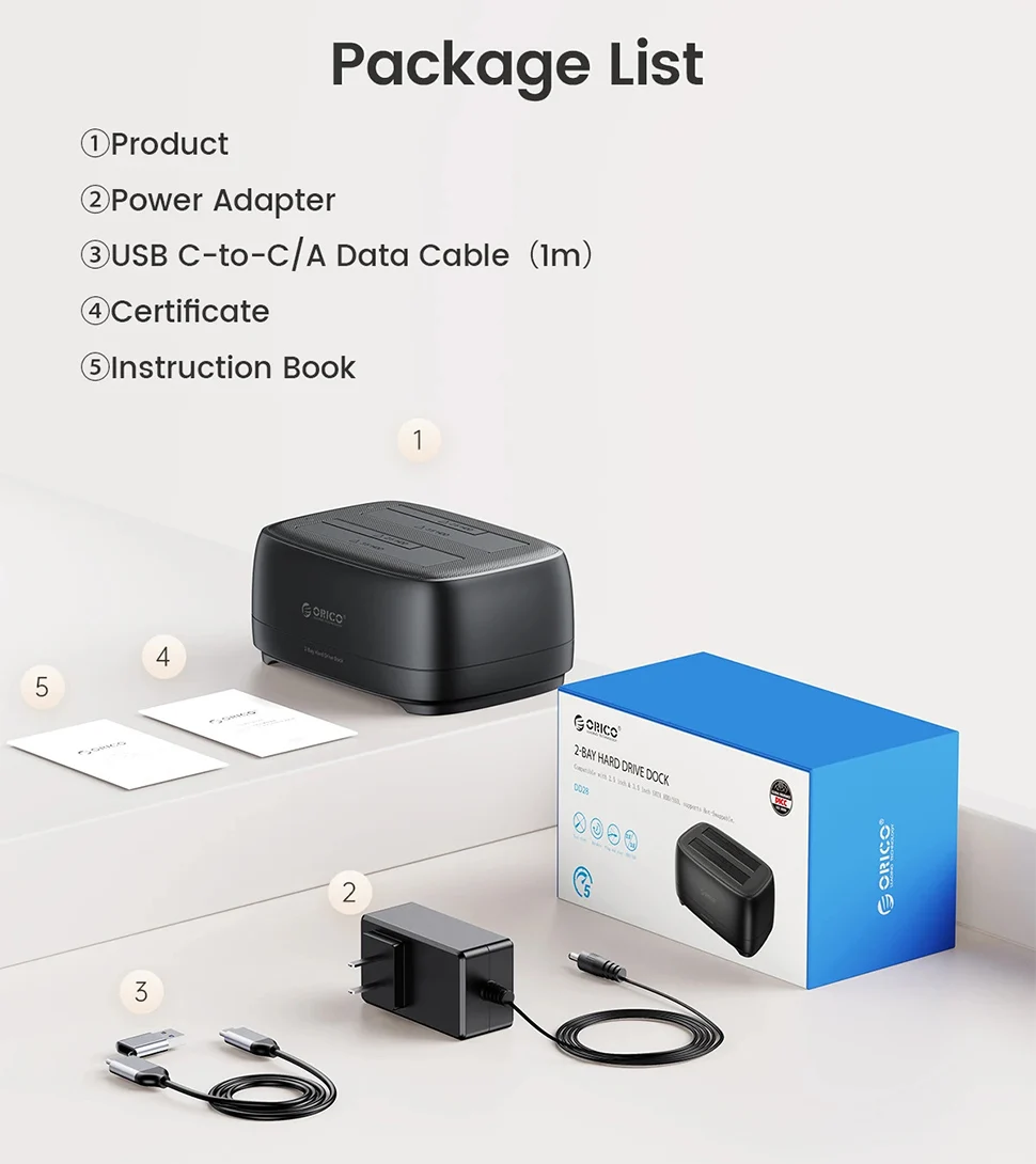 علبة ORICO 2.5 بوصة/3.5 بوصة SATA HDD SSD محطة إرساء محرك الأقراص الصلبة مع 2 حجرة نسخ غير متصلة بالإنترنت USB3.2 Type C حافظة خارجية عالية الدقة