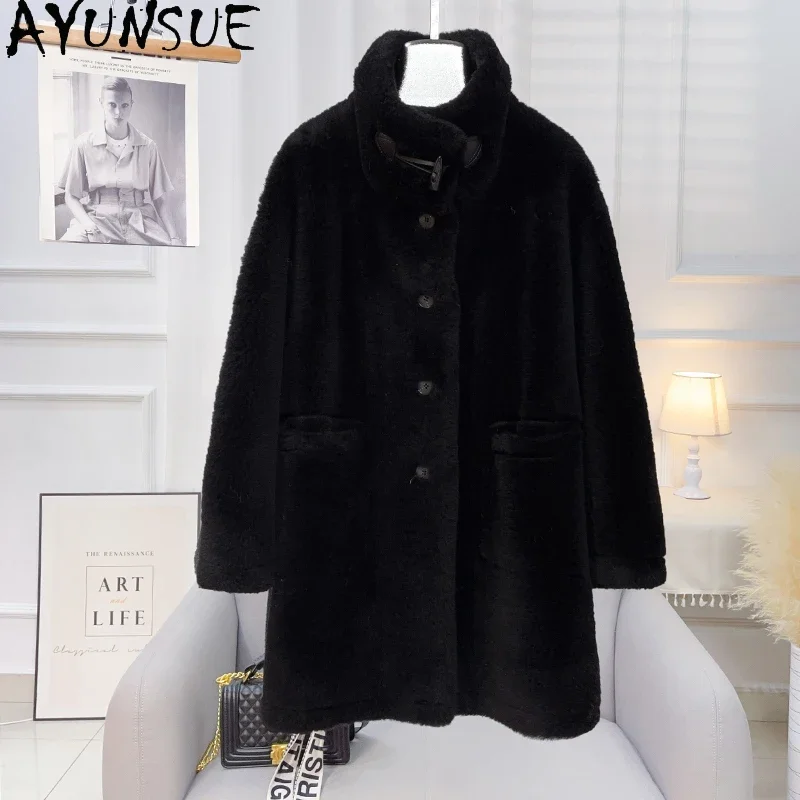 AYUNSUE Granular Lamb Wool Coats for Women 2023 Fall Winter Mid-length Sheep Shearing Jacket Stand Collar Single-breasted Abrigo