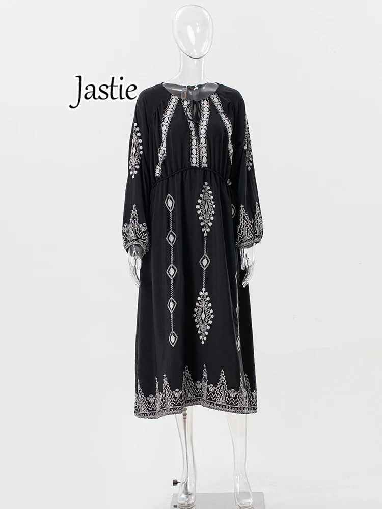 Jastie Vintage Embroidered Black Dresses For Women Lace Up V-neck Long Sleeve Autumn Dress Casual Beach Boho Holiday Dresses