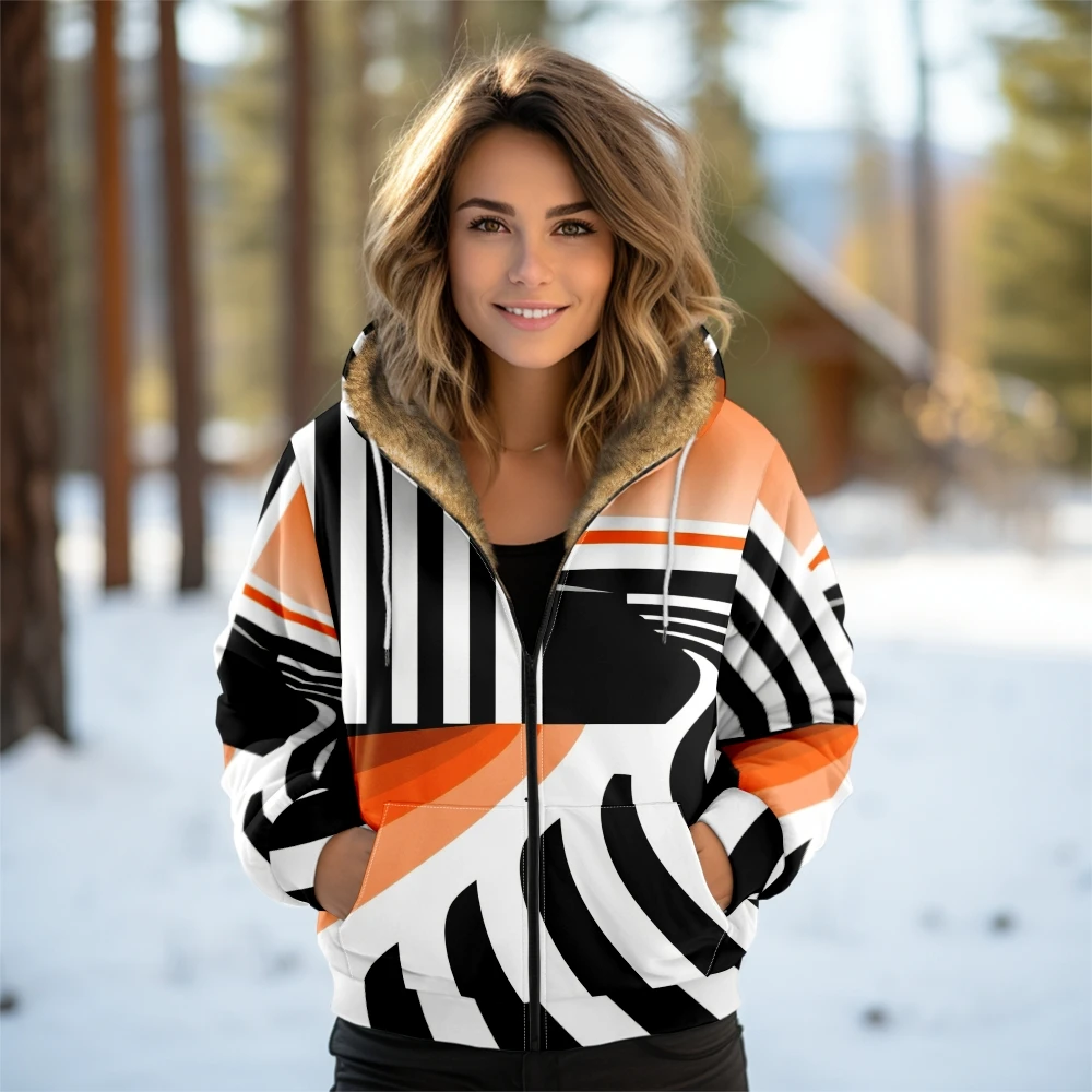 Stylish Women's Winter Coat with Bold Geometric Print Warm Furry-Lined Hooded Jacket for Cold Weather Chic Streetwear Daily Wear
