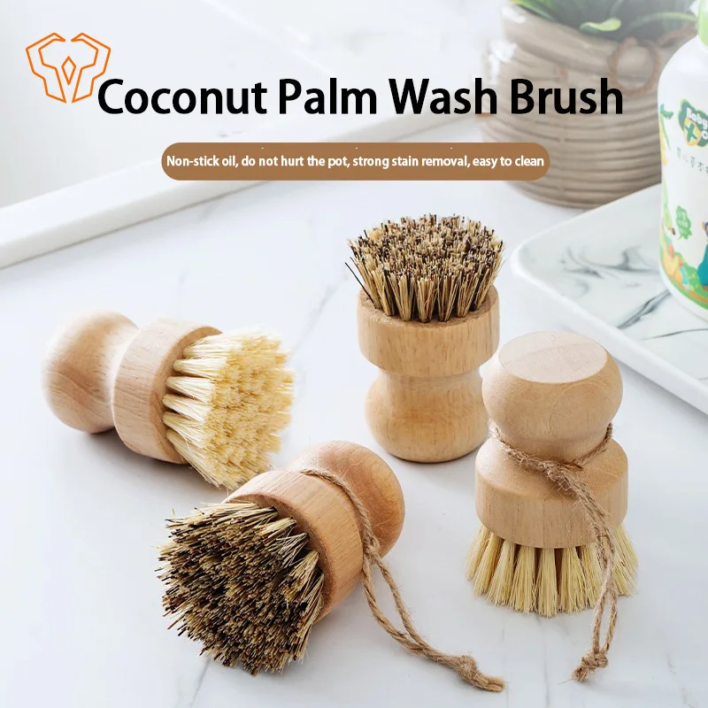 

Solid Wood Dishwashing Brush Pot Brush Short Handle Pot Washing Household Use Coconut Palm Kitchen Cleaning Decontamination