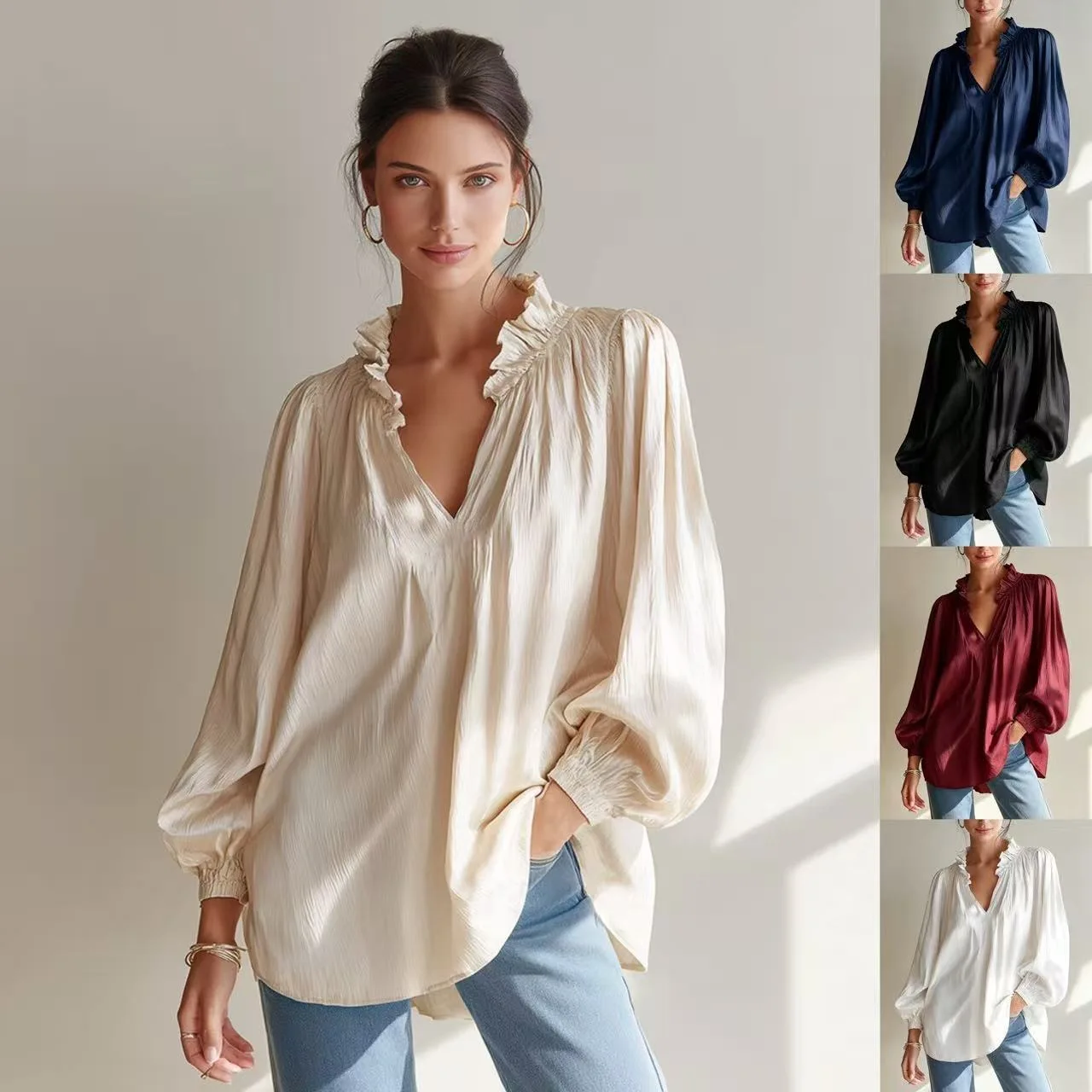 2026 Women's Pleated Shirt With Ruffled Trim, V-neck Loose Fit, Lantern Sleeves, Random And Stiglich For Commuting Outfits Femme