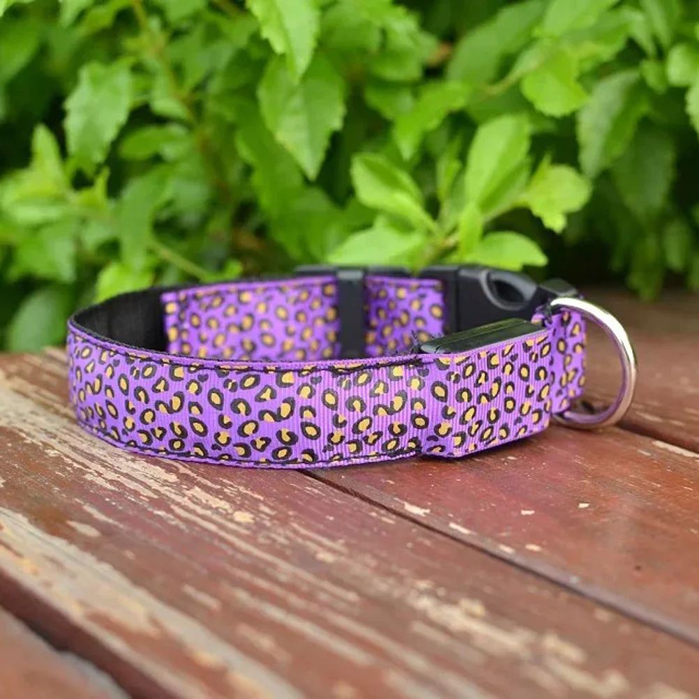 LED Dog Necklace Adjustable Leopard Light up Night Safety Collar for Pet Dogs - Size S (Purple) pet collar