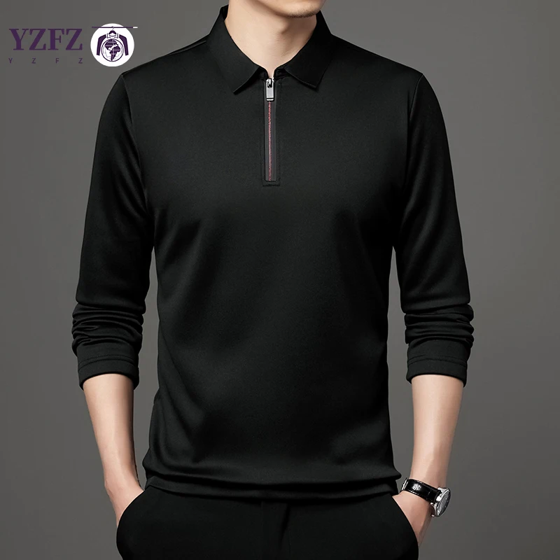 Solid Color Long Sleeve Polo Shirt Fashion Zipper Men\'s Polo Neck Top Cotton Polo Collar Long Sleeve T-shirt