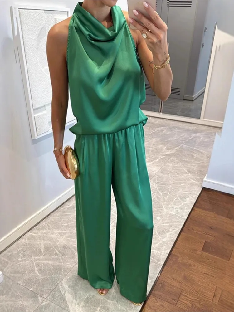 

Fashion Casual Women's Pants Suit Sleeveless Satin Top Straight Pants Suit 2026 Spring And Summer Commuting 2-piece Set Female