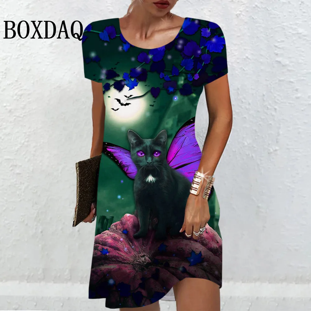 Vestido corto con estampado de gato clásico para mujer, minivestido informal de manga corta con cuello redondo, estampado Floral en 3D, moda de verano