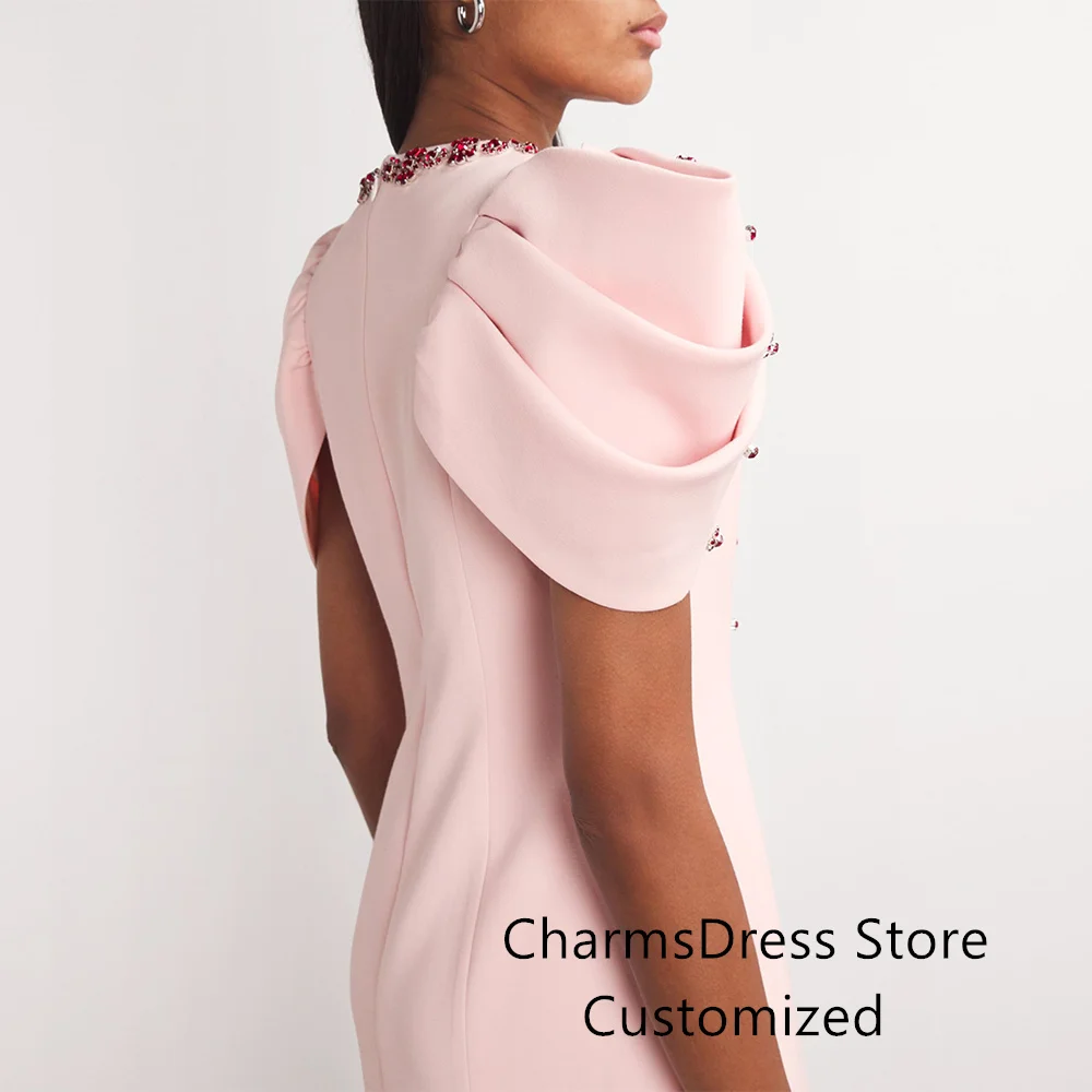 Elegant Crystal Prom Dress Cocktail Party Gown Customized Round Neck Short Sleeves Straight Saudi Arabian Prom Dresses