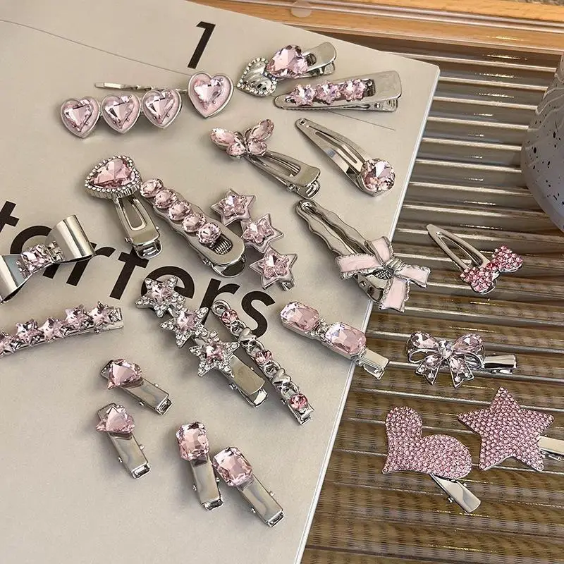 Fashion Luxury Crystal Hairpins Vintage Heart Pink Rhinestone Silver Hair Clips For Women Girls Sweet Barrettes Hair Accessorie