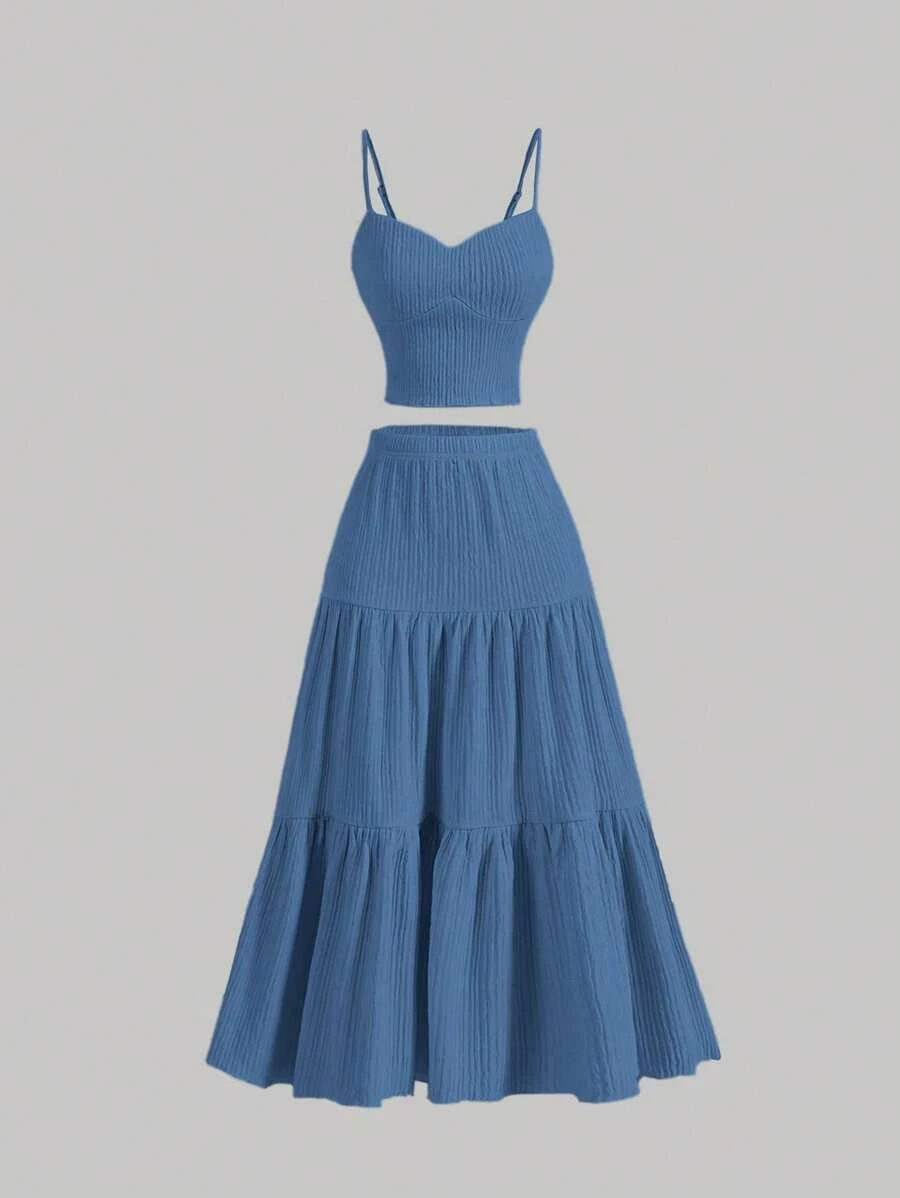 Western-Damen-Set, blau strukturiertes Camisole-Crop-Top und mehrschichtiges ausgestelltes Midirock-Set, Frühlings- und Sommer-Outfit für Dating und Urlaub