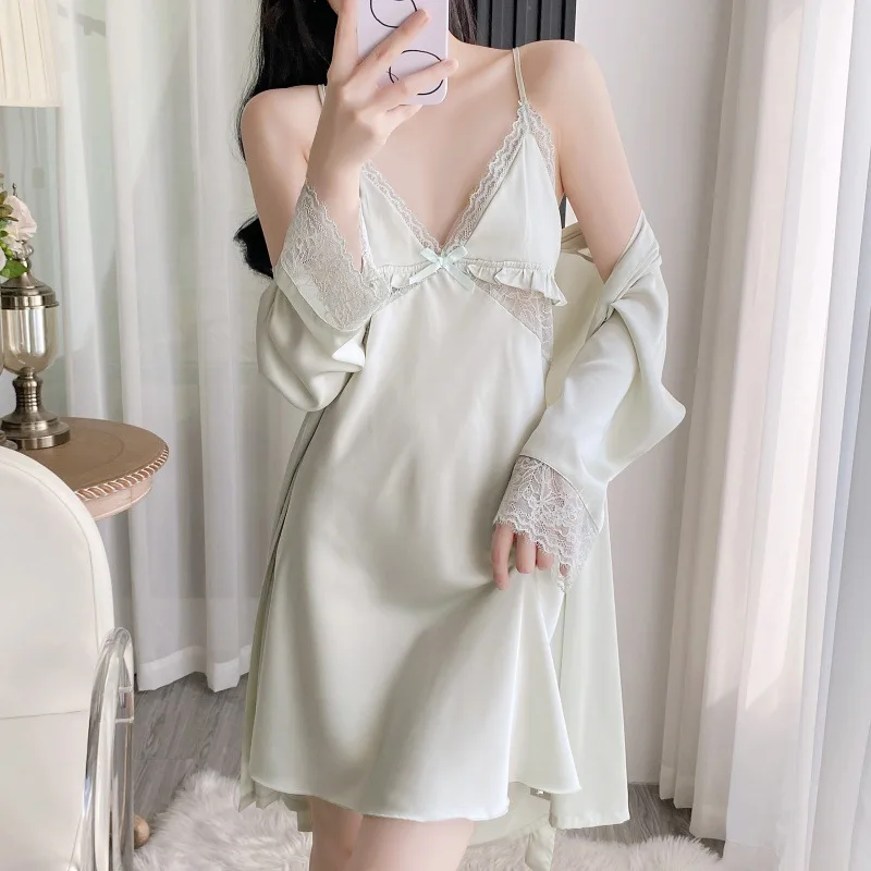 

Sexy Night Dress Lingerie Backless 2Pcs Robe Set Long Kimono Light Green Satin Home Dressing Gown Elegant Kimono Bathrobe Gown