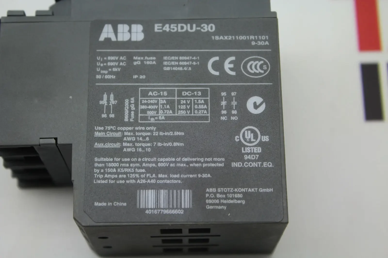 New Original Genuine ABB Electronic Overload Relay E45DU-30A; 10091132