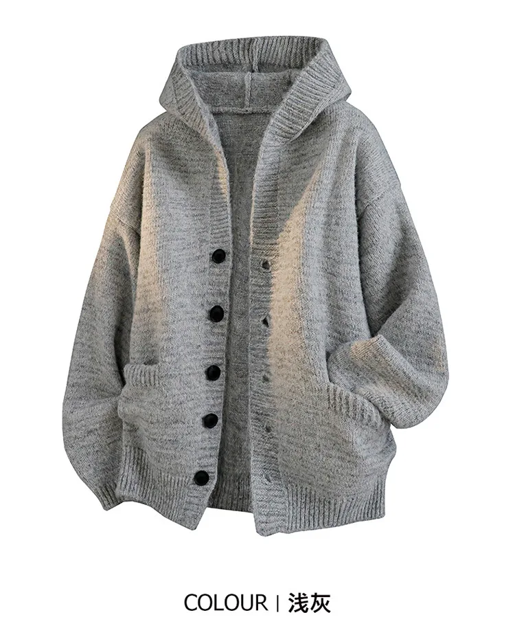 Neuer Herren-Cardigan mit Kapuze für Herbst und Winter, lockerer Strickpullover, warme Streetwear-Jacke für Studenten, weiches, lässiges Hemd für den Alltag, Herrenmode – Detail 7