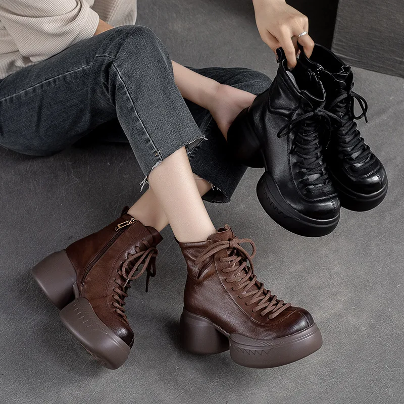 8.5cm High Top Genuine Leather Thick Sole Shoes Booties Women Motorcycle Autumn Knee High Boots