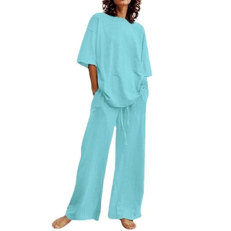 

Summer Fashion Women's 2-Piece Set Casual Pocket Set Half Sleeve Round Neck Top And Wide Legs Large Contour Trousers Loose Set