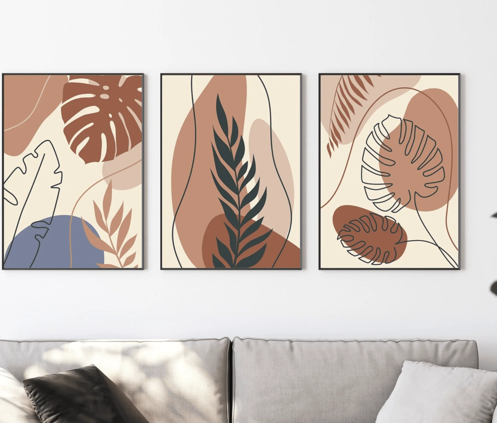 Boho Monstera 3 Panels Wall Art Canvas Prints, Tropical Leaf Posters, Earth Tone Decor for Living Room Bedroom Decor