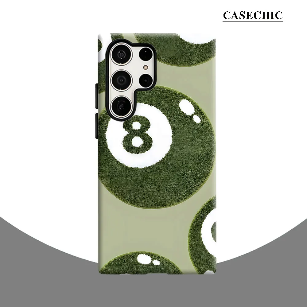 Plush 8 Ball Green Phone Case for Samsung Galaxy S26 S25 Ultra S24 S23 Ultra Plus Shockproof Double layer tough Back Cover