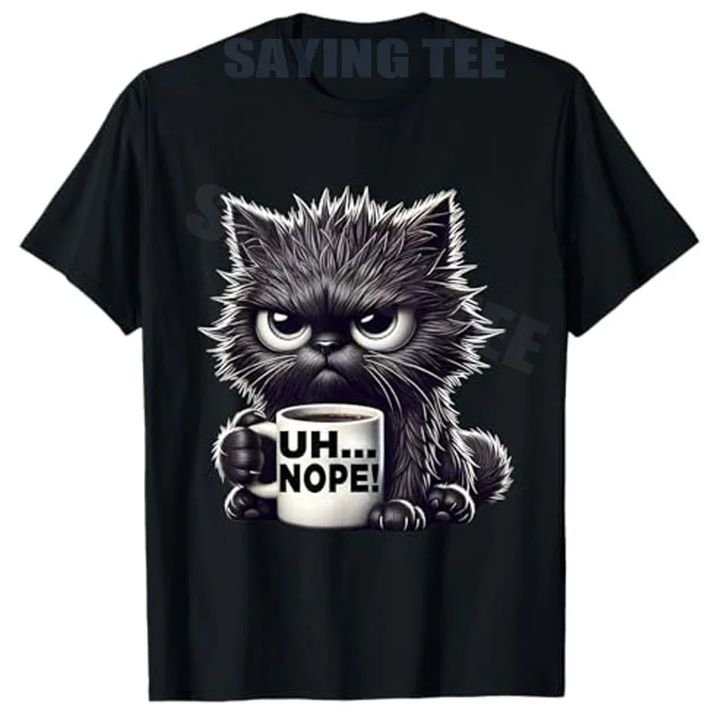 

Grumpy Animal Uh Nope Cat Coffee Graphic Tee Funny Cat T-Shirt Y2k Cute Kitten Drinking Coffee Graphic Outfit Lovely Saying Tee