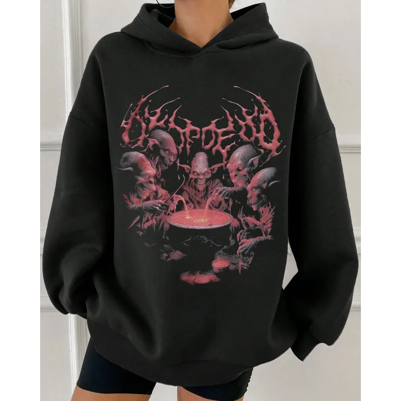 Cetakan tengkorak gaya Gotik dengan desain gelap, hoodie longgar musim gugur dan musim dingin retro jalanan Amerika lengan panjang