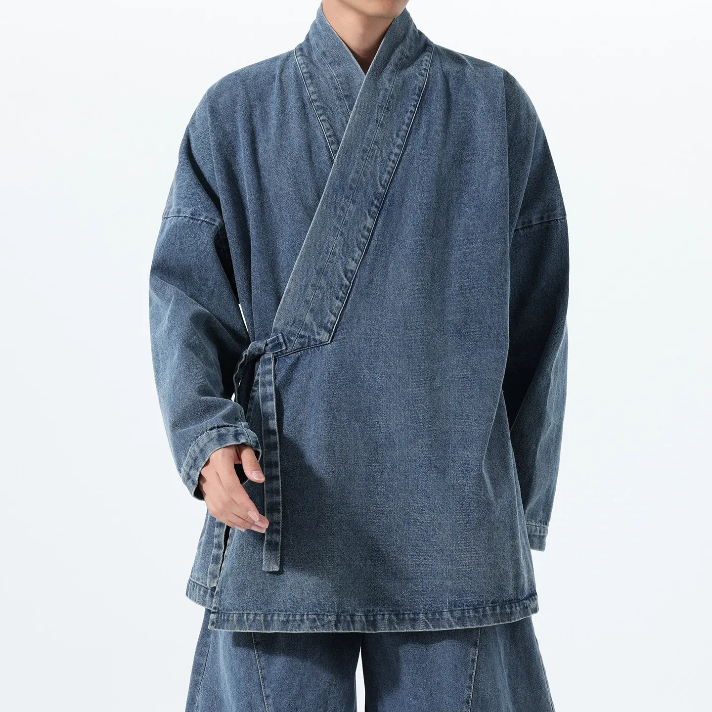 Oriental Chinese Style Denim Jacket Men Cross Neck Vintage Washed Trench Ming Dynasty Fashion Coat Traditional Hanfu Windbreaker