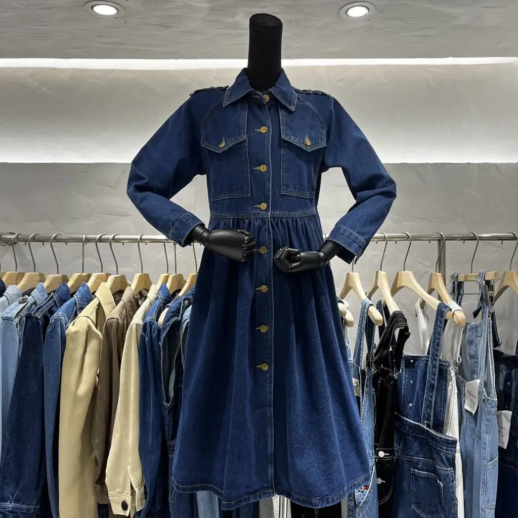 POLO collar spring 2023 new long-sleeved denim dress high-waisted Single-breasted trench coat women