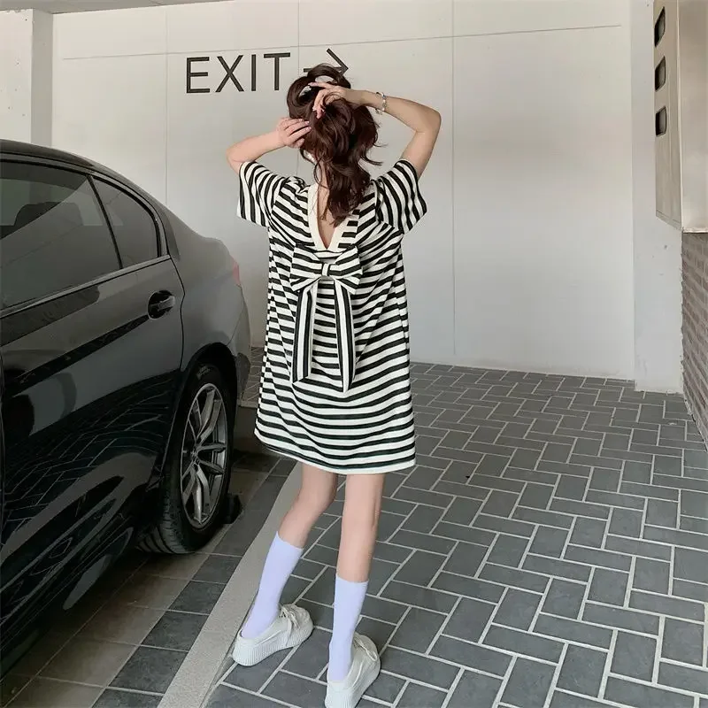 Women\'s Clothing Fashion Bow A-line Skirt Ladies Striped Pullovers 2024 New Casual Dresses O-neck T-Shirts Sweet Mini Dress