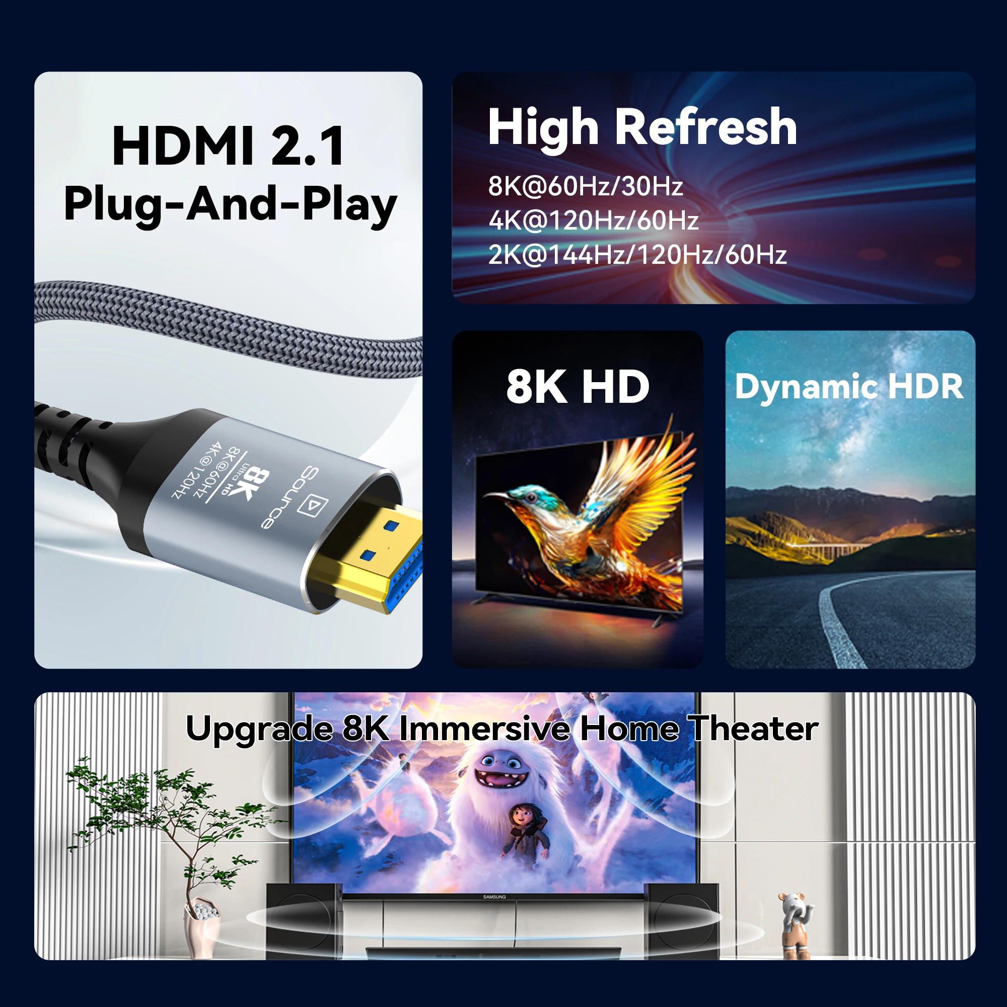 CYANMI 8K HDMI 2.1 Cable Fiber Optic Hdmi Cable 120Hz 48Gbps HDR HDCP for HD TV Box Projector Ps3/4 Ultra High Speed Computer