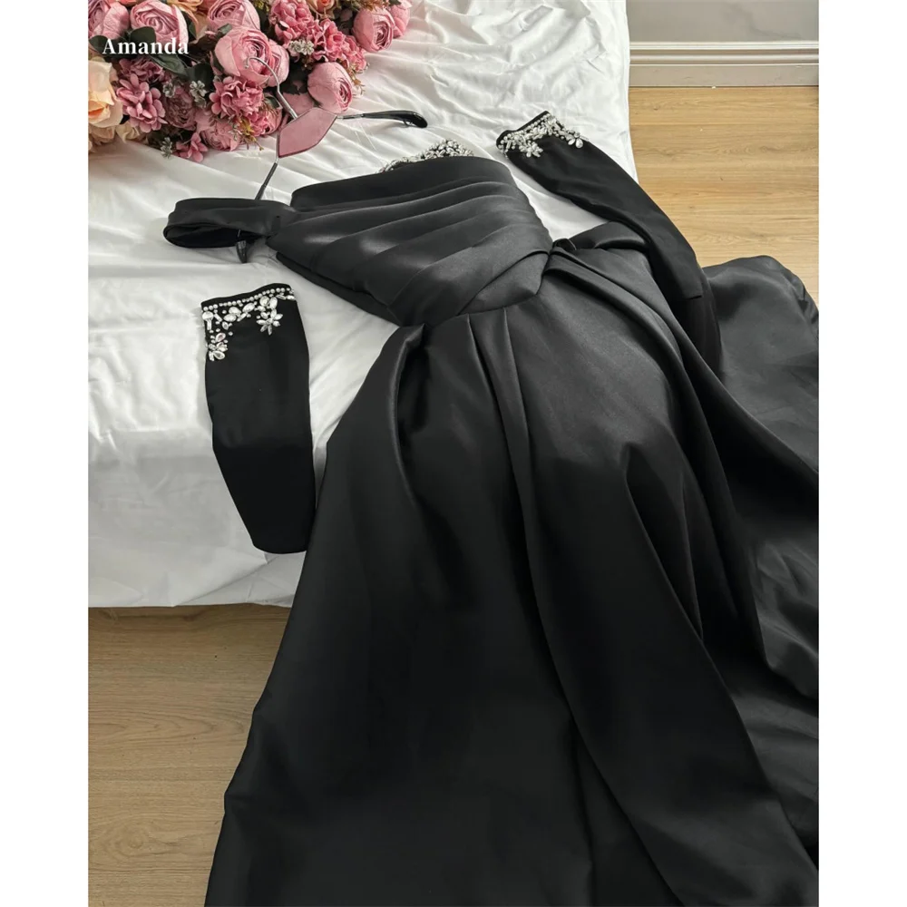 Amanda Black Satin One Shouler vestidos de fiesta Sequins Beaded A-line فساتين سهرة Detachable Sleeves Elegant Party Dresses