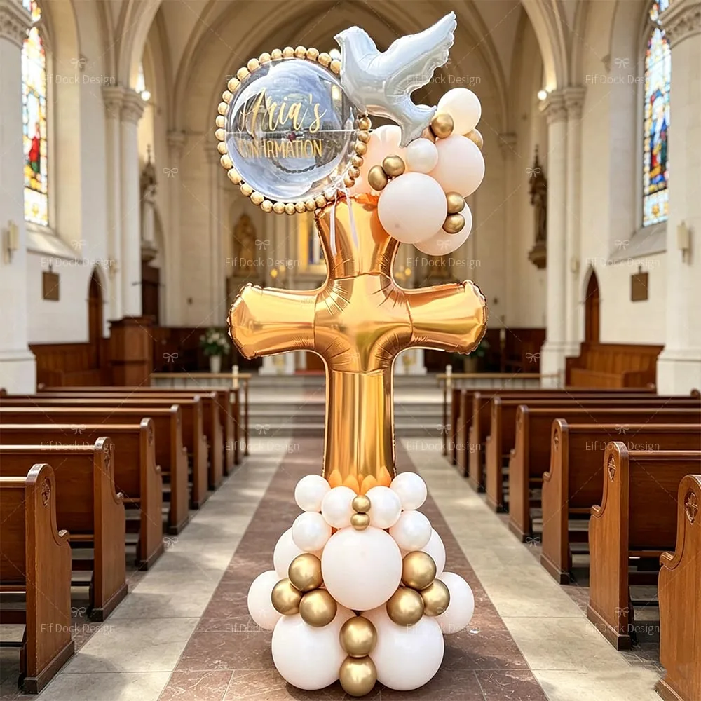 1 Set Goldene Kreuz- und Friedenstauben-Folienballons für Erstkommunion, Taufe, Babyparty, Hochzeitsfeier, DIY-Geschenke