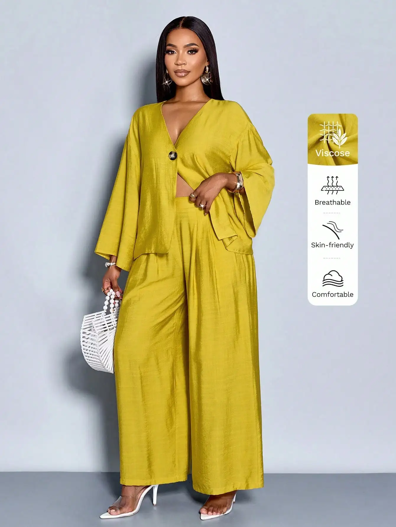 

Женский комплект из двух предметов: свободный крой, V-образный вырез, однотонный, с широкими брюками, весна-лето