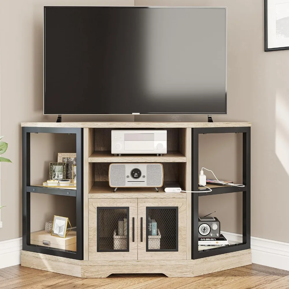 

Fireplace Corner TV Stand for TVs up to 55 Inch w/Power Outlet, Entertainment Center w/ 18 Inch Fireplace, Grey White