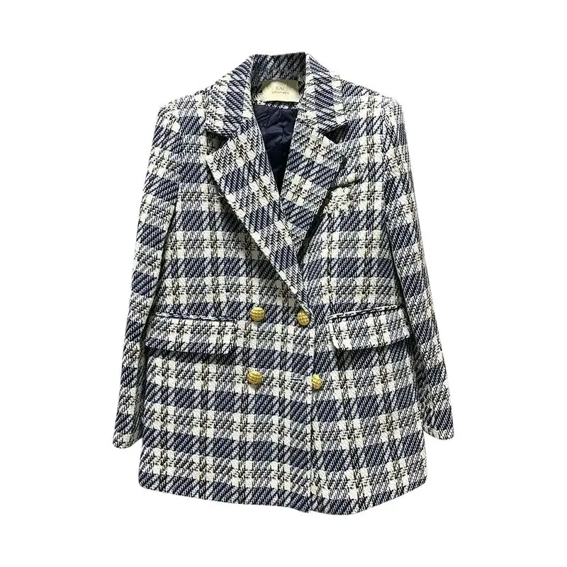 2024Autumn Winter Thicken Suit Jacket Women New Fashion Loose Casual Chequer Stripe Single-Breasted Temperament Outerwear Female