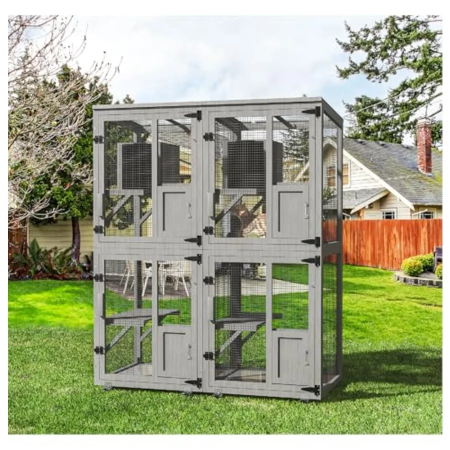 

2 in 1 Catio Outdoor Cat Enclosure with 4 Tier Design and 4 Wheels for Outdoor Cats House Features Window Access and Removable
