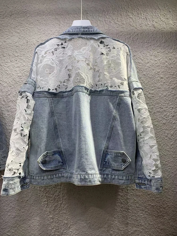 2024 Spring And Autumn New Loose And Versatile Mesh Perspective Lace Embroidery Beaded Short Denim Coat Women\'s Fashion Jackets