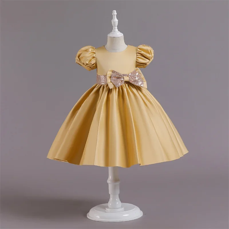 Mädchen Blume Puff Ärmel Kleider für Hochzeit Satin Bowknot Kinder formelle Geburtstags feier Prinzessin Kleidung Kinder Tüll Vestidos