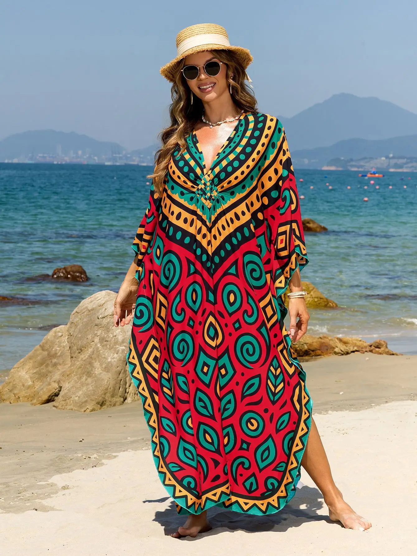 Robes de plage caftans imprimés géométriques pour femmes, tissées à la main, décolleté en V profond, fente latérale, vêtements de plage pour vacances d'été