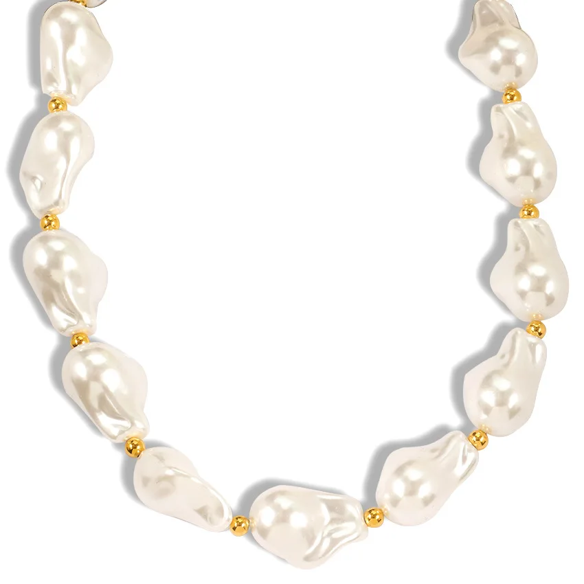 

Gold Jewelry Baroque Pearl Necklace Stainless Steel OT Clasp Choker Vintage Big Pearl