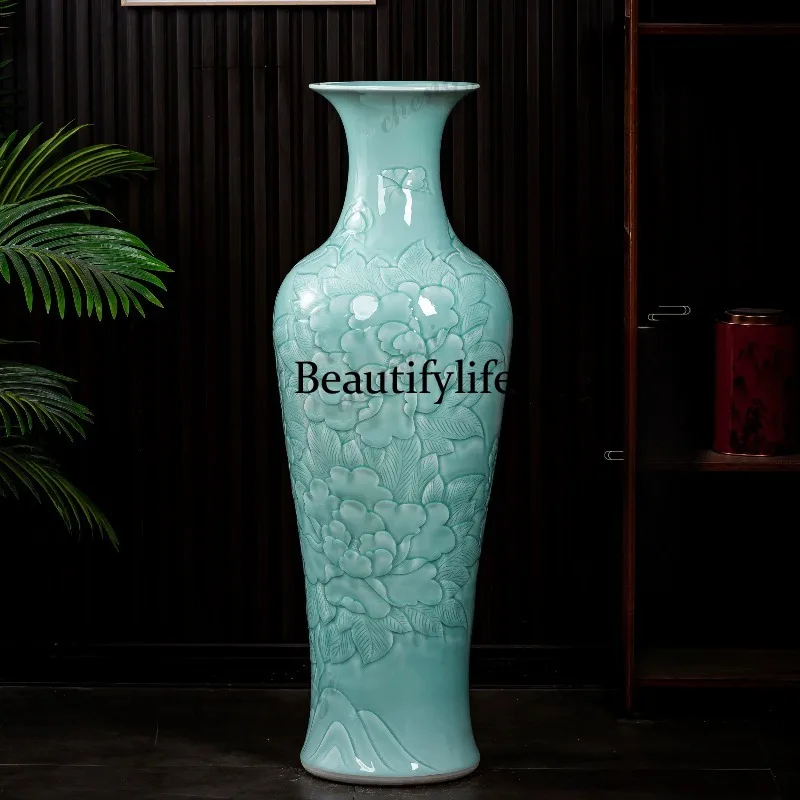 Ceramics sapphire glaze carving peony gold-painted large vase light luxury ornament floor-to-ceiling living room
