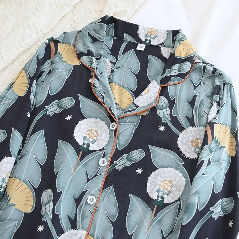 Nova primavera e outono senhoras pijamas 100% viscose de manga comprida roupas para casa flores de algodão puro plus size conjunto de duas peças