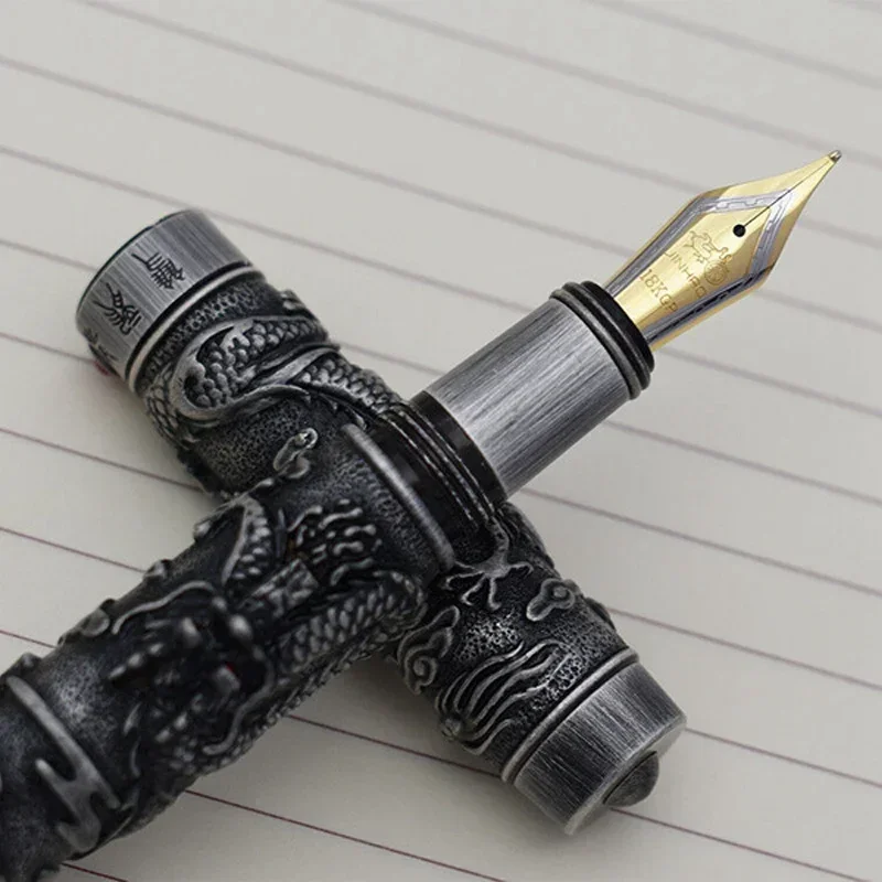 New Jinhao Dragon Fountain Pen Gray Steel Metal 18K gold Medium Nib Vintage Pens Heavy Pen Office Signature Stationery