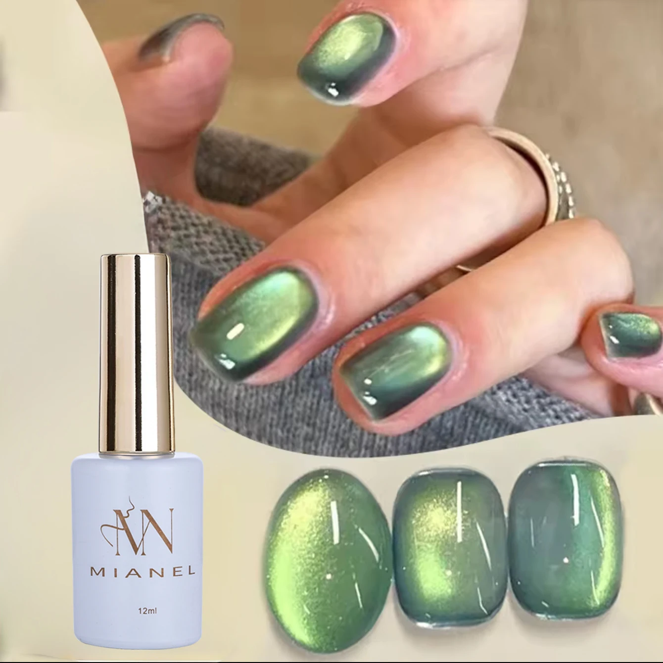 MISS MIANEL 12ML 1-3PCS Esmalte de Uñas en Gel Ojo de Gato Bambú con Luz Verde y Perlas de Cristal, Popular para Noche, Sombra y Estrella, Suministros para Uñas