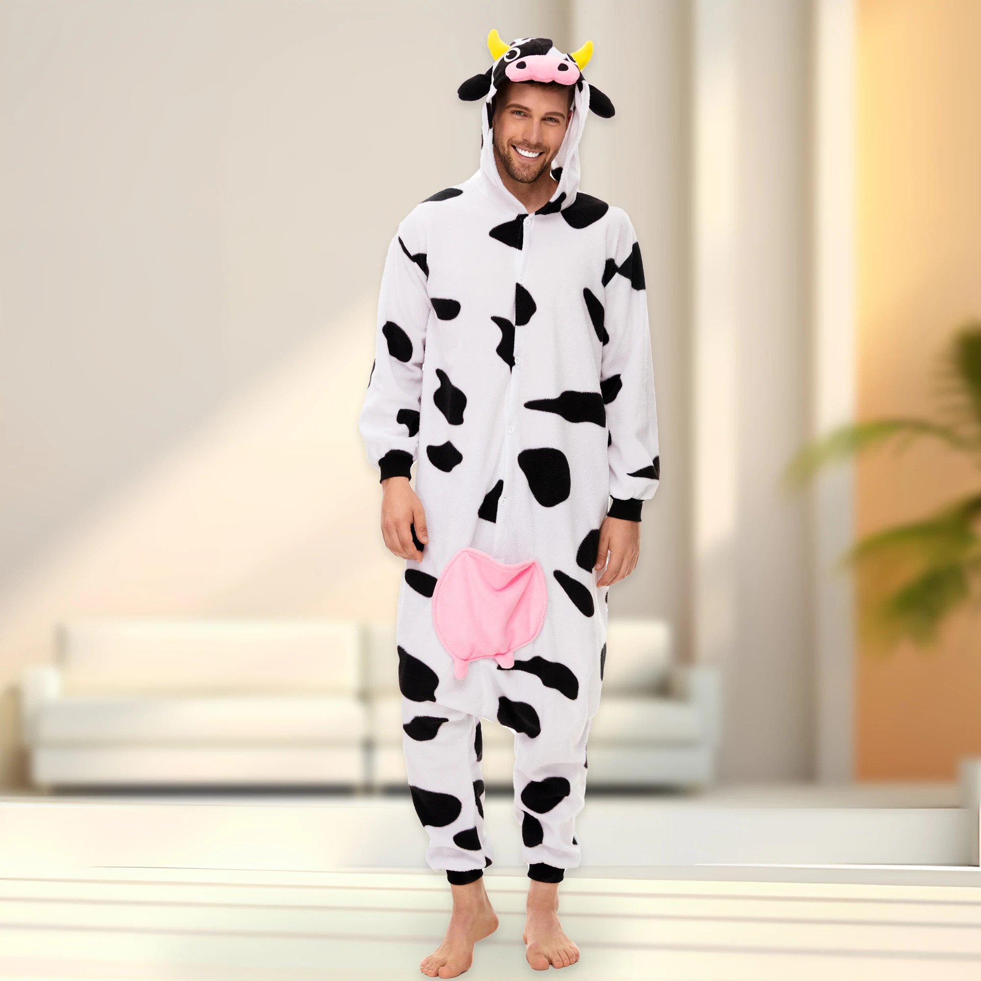 

CANASOUR Cow Onesie Pajamas For Adults Men Funny Comfy Hooded Pyjamas Halloween Christmas Farm Animal Cosplay Costume Sleepwear