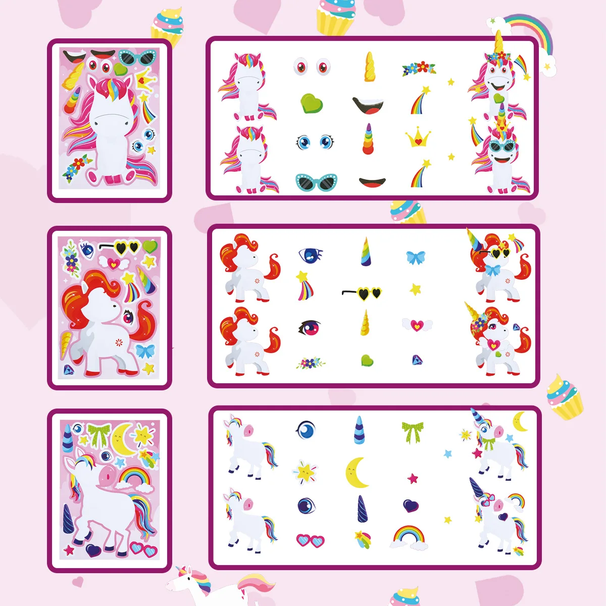 12 ورقة قوس قزح الحصان الأطفال DIY لغز ملصق ألعاب يونيكورن حفلة عيد ميلاد جعل وجه مضحك تجميع بانوراما ملصقات الهدايا